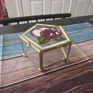Vintage Small Stained Glass Floral Jewelry Trinket Box - Pink Rose